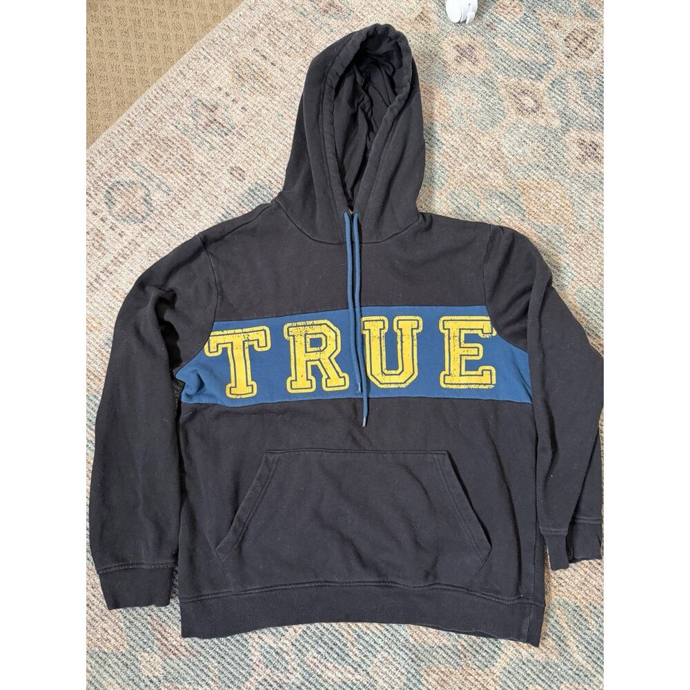 True Religion Pullover Hoodie Large Black Blue Logo Graphic Sweatshirt Mens L